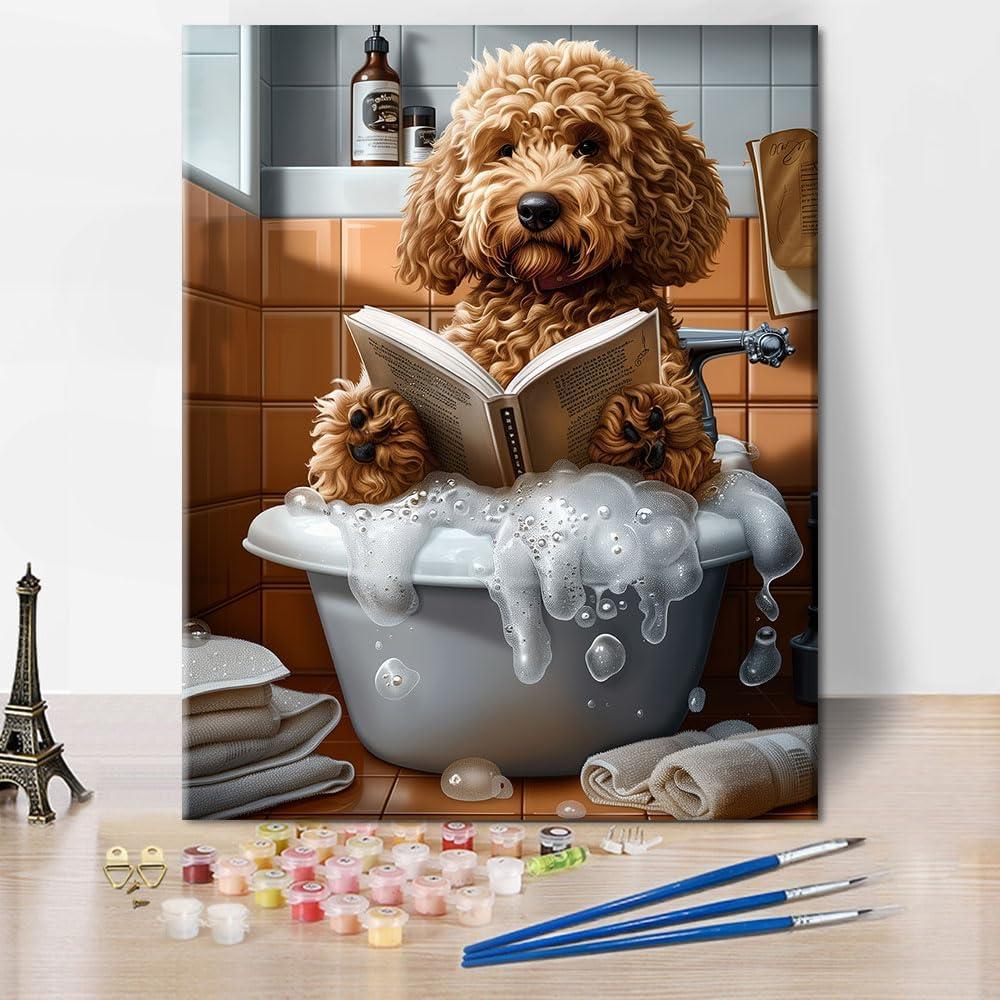 TUMOVO Adult Paint by Number Kits On Canvas, Golden Doodle Dog Painting by Numbers, Dog in Bathtub Painting by Numbers for Adults, Color by Number, DIY Canvas Paint Wall Decor, 16 X20 Inch