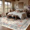 RELEANY Area Rugs 8'x10' Washable Non-Slip, Floral Vintage Distress Print Pattern Medallion Carpet for Living Room Bedroom Dining Room, Beige Navy Blue Orange Colorful