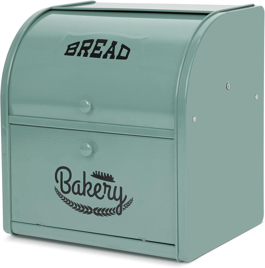 Olebes Bread Box, Metal Bread Box For Kitchen Countertop, Bread Storage Container Holds 2 Loaves Of Bread, High Capacity Breadbox, Bread Holder Suit Farmhouse Kitchen Decor For Counter, Green