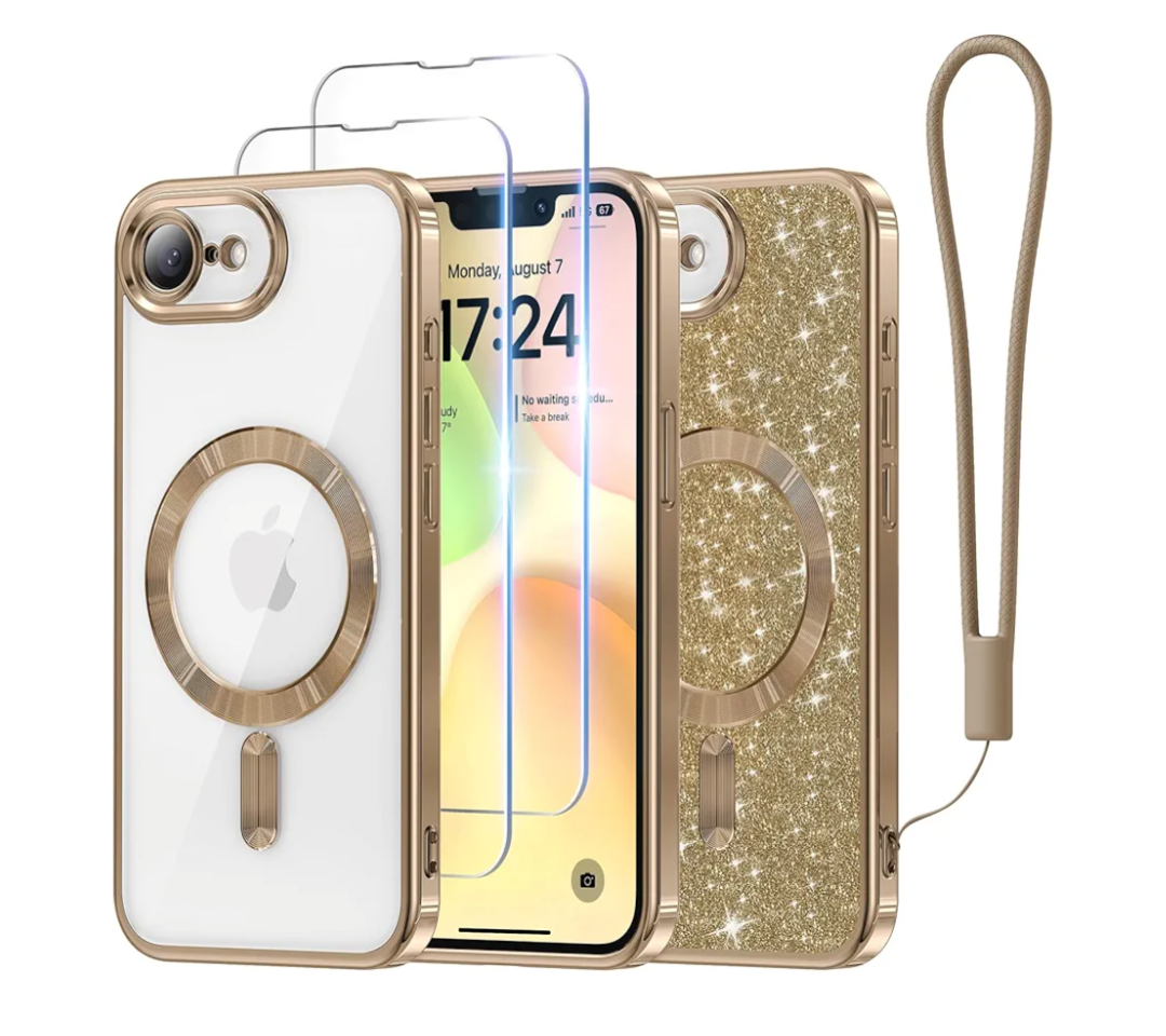 Meifigno Designed for iPhone 17e/16e Case 6.1", [Compatible with MagSafe] [Glitter Card & Wrist Strap] [2X Screen Protectors] Surround Raised Lens Protection Phone Case for 17e/16e, Desert Titanium
