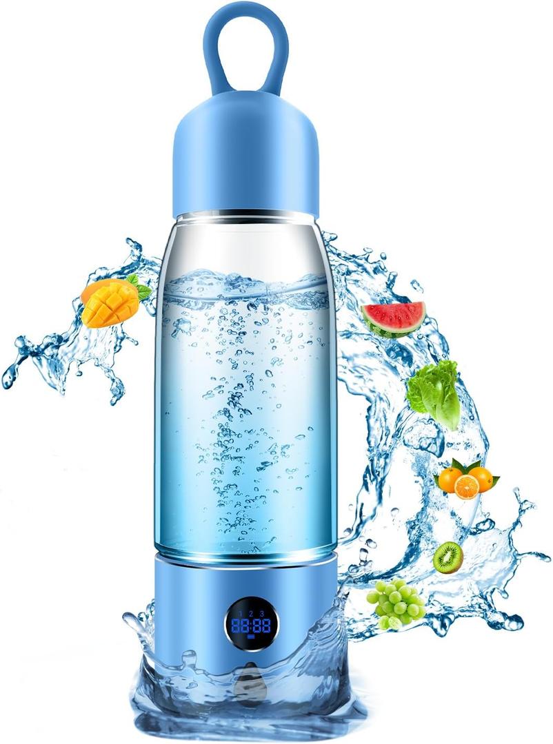 Hydrogen Water Bottle with Three Modes Produces 5000 PPB of Hydrogen Water in 8 Minutes,Made of Aluminium and Glass,with Colorful Light,Rechargeable for Travelling,Office,Home (blue)