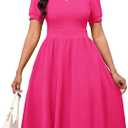 Womens Short Puff Sleeve V Neck Casual Semi-Formal Cocktail Party A-Line Dress XL, Rose Red