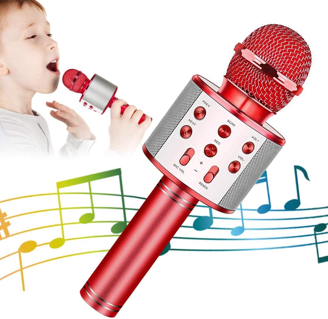KIDWILL Wireless Bluetooth Karaoke Microphone for Kids, 5-in-1 Portable Handheld Karaoke Mic Speaker Player Recorder with Adjustable Remix FM Radio for Kids Girls Boys Teens Birthday (Red)