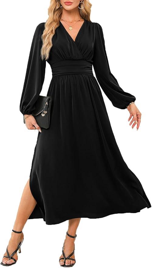 Dokotoo Womens Wrap V-Neck Empire Waist Dress Lantern Sleeve Ruched Side Slit Elegant Maxi Dress M long