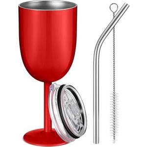 Ninehaoou Insulated Wine Tumbler with Lid Straw Brush 10oz Stainless Steel Glasses Cups Double Walled Vacuum Insulated Wine Tumbler for Christmas Women Men Holiday Birthday Gifts (Red,1 Pc)