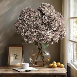 Uqueeten Artificial Flower Fake Silk Hydrangea Heads Bouquet with Stems Bulk for Fall Decoration Table Center Christmas Indoor Outdoor Faux Floral Realistic with Leaves Plants Crafts 8PCS (Brown)