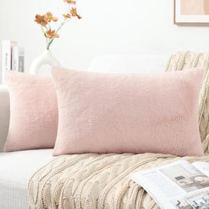 Pallene Faux Fur Plush Lumbar Throw Pillow Covers 12x20 Set of 2, Luxury Soft Fluffy Cozy Decorative Pillow Covers for Sofa, Couch, Living Room, Blush Pink