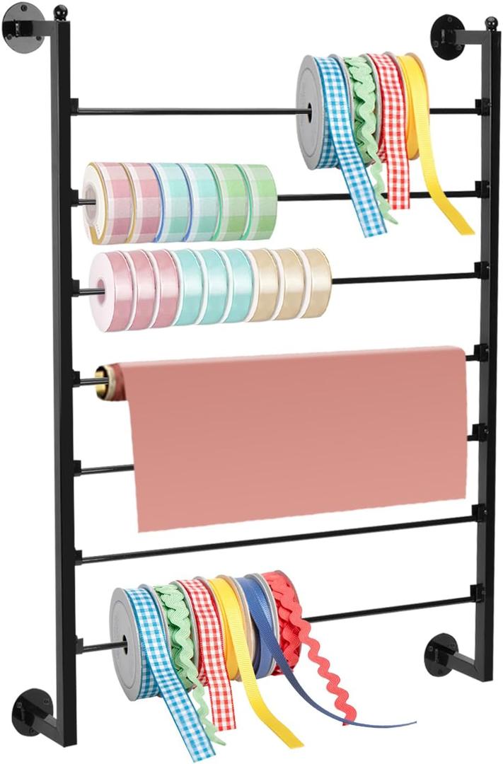ikare Ribbon Storage Organizer,Wall Mounted Ribbon Organizer,Wrapping Paper Rack,7-Tier Metal Ribbon Storage for Craft Room,Flower Shop,Christmas Gift Wrapping Paper