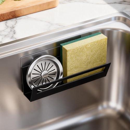 Sponge Holder for Kitchen Sink with Suction Cups & Adhesive Hook, Rustproof In-Sink Sponge Holder, Space-Saving Wall Hanging Sink Caddy Organizer Rack - Sponge, Dish Cloth, Brush - Stainless Steel
