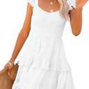 Women Summer Dresses Casual Boho Smocked Ruffle Sun Beach Babydoll Mini Dress Layered Flowy Swing Dress, Large