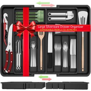 Large Silverware Drawer Organizer, Expandable From 21 to 36 Inches With 14 Slot, BPA Free Plastic Utensil Tray for Kitchen, Adjustable Flatware and Cutlery Holder for Spoons Forks Knives, Black