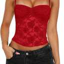 Women Lace Camisole Top Y2k Floral Sheer Mesh Spaghetti Strap Tank Top Summer Sexy Slim Fit Square Neck Shirt (Medium, Red)