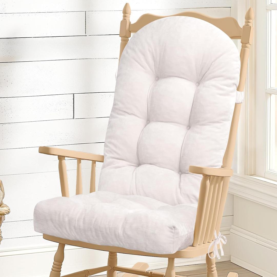Rocking Chair Cushion - Chenille Fabric, High-Density Sponge, Durable Comfort Non-Slip Bottom Tufted Seat Pads with Ties, ChenilleWhite, 44x19x4 inch