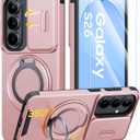 JAME for Samsung Galaxy S26 Case, Ring Holder Stand Kickstand, Slide Camera Cover with Screen Protector, Dual-Layer Shockproof Protective, Magnetic Accessory Friendly Galaxy S26 Phone Case, Pink