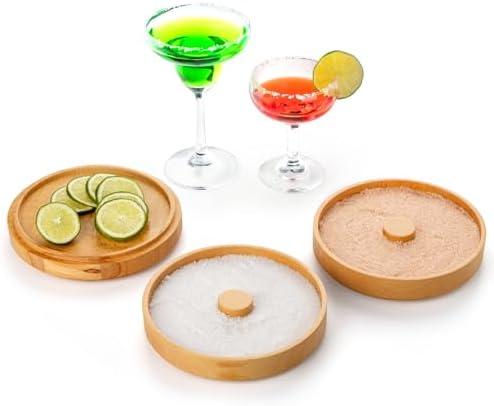 Nucookery 3-Tier Wood Bar Glass Rimmer, 5.6" Margarita Salt Rimmer Set, Sugar and Salt Rimmer Tray for Juice Cocktails, Bartender Bar Party Tool, Drinks Bar Accessories Box for Home Bar (Beech Wood)