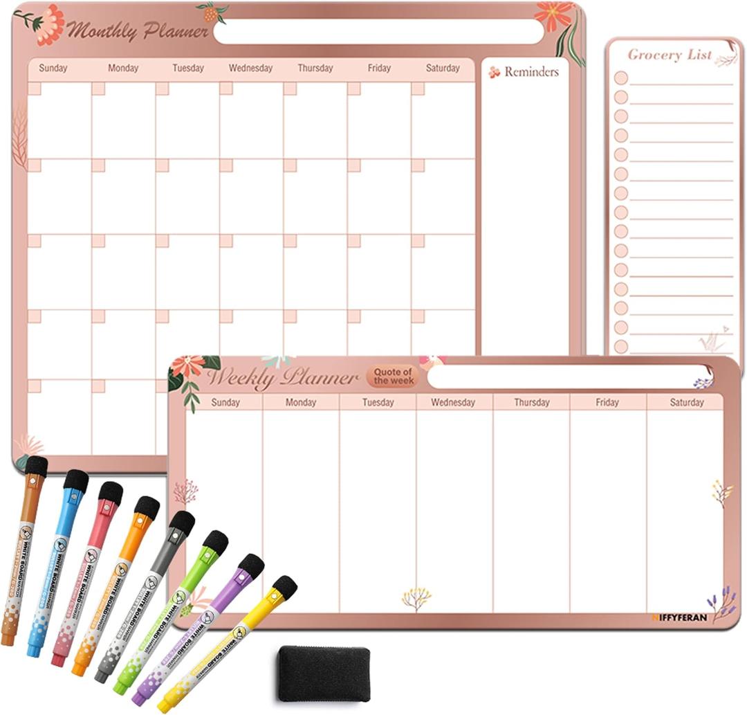 Magnetic Calendar for Fridge – Family Command Center with Monthly, Weekly & Grocery Boards – Dry Erase Whiteboard Set with 8 Markers & Eraser – Organize Meals, Chores & Schedules