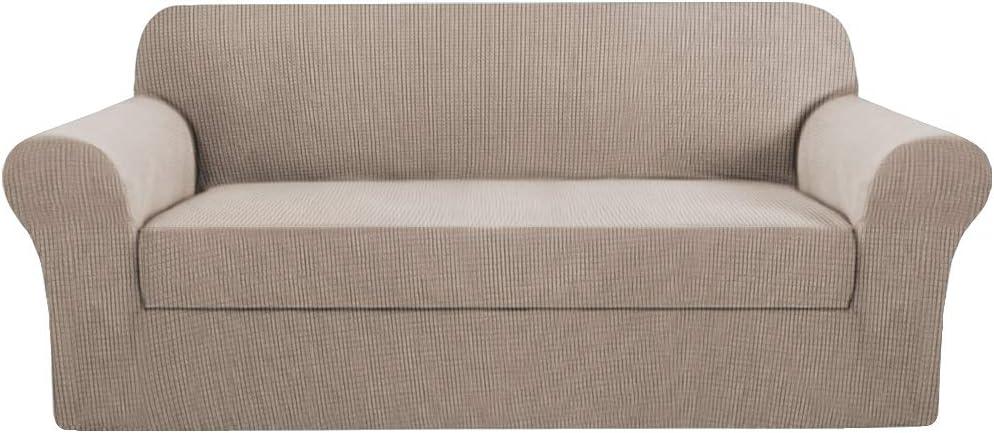 2 Piece Stretch Sofa Covers Couch Covers for Living Room Furniture Slipcovers (Base Cover Plus Seat Cushion Cover) Feature Upgraded Thicker Jacquard Fabric Removable Washable (Sofa, Sand)