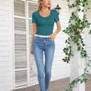 VICHYIE Summer Short Sleeve Shirts for Women Scoop Neck Top Ribbed Henley Slim Fitted Tee Sexy Casual Square Neck Basic Blouses Tshirts Teal XL