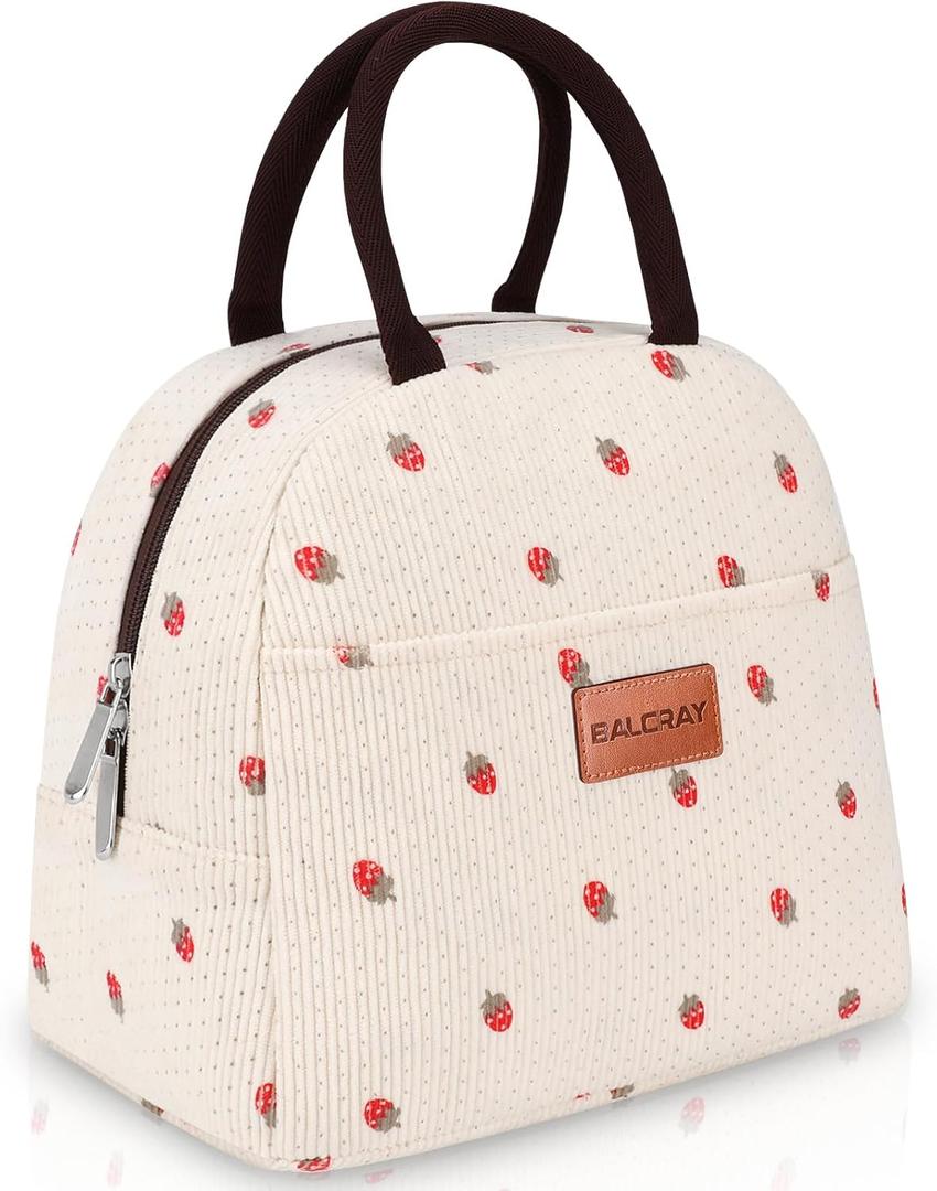 BALORAY Lunch Bag for Women Men Insulated Lunch Box for Adult Reusable Lunch Tote Bag for Work, Picnic or Travel (Corduroy Beige with Strawberry)