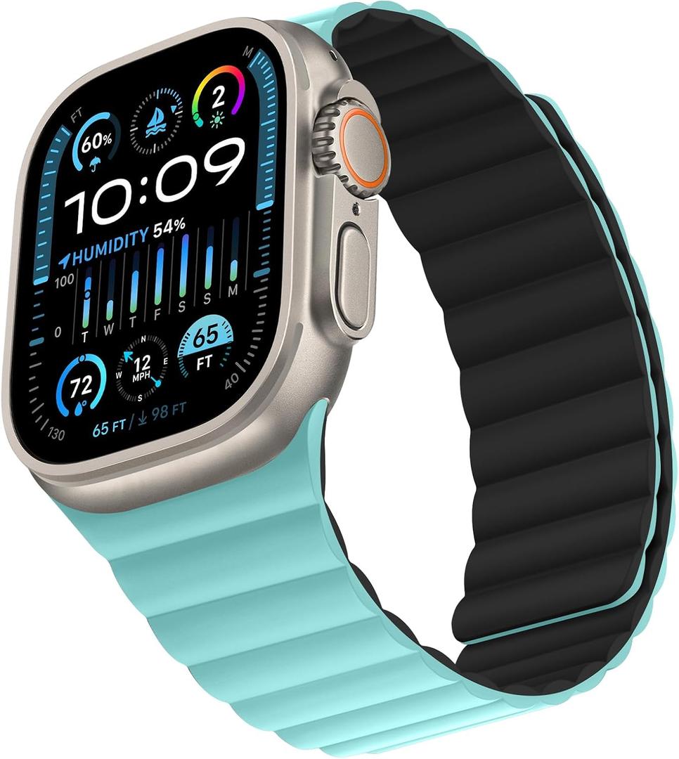 Bisikor Compatible with Apple Watch Band 49 46 45 44 42 41 40 38mm Double Sided Wearable Silicone Magnetic Strap for iWatch Ultra SE Series 11 10 9 8 7 6 5 4 3 2 1 (42/44/45/46/49, Black/Lake Blue)