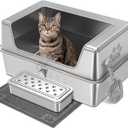 Stainless Steel Cat Litter Box with Lid, Extra Large Cat Litter Box for Large Cat, Metal Litter Pan with High Sided Enclosed and Scoop, Front & Top Entry, Anti-Leakage, Easy to Clean, Grey