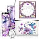 Skylety 3 Pcs Christmas Purple Hummingbird Gift for Women 20 oz Stainless Steel Insulated Tumbler with Straw and Brush Bracelet Makeup Bag Inspirational Gift for Thanksgiving Teacher Birthday