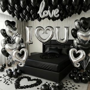 I Love You Balloons for Him/Her Balloons black Sliver romantic balloon kit with black Sliver +heart mylar balloons rose petals for hotel Decorations Valentines Party wedding anniversary supplies