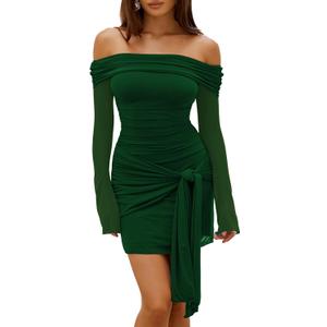 HOCILLE Women's Sexy Off Shoulder Bodycon Mini Dress Mesh Long Sleeve Wrap Tie Waist Ruched Party Dresses, X-Small, Dark Green