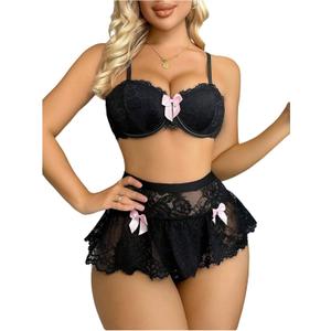 OYOANGLE Women's 2 Piece Bow Knot Floral Lace Lingerie Set Underwire Bra and Ruffle Panties Babydoll (Small, Black)