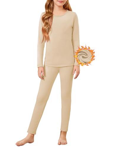 Arshiner Girls Thermal Underwear Set Long Johns Cold Weather Kids Base Layer Top Bottom Warm Winter Khaki 10-11 Years