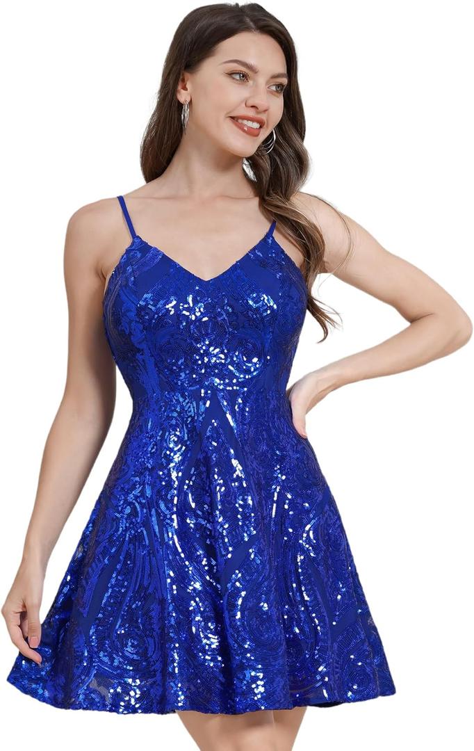ODIZLI Women's Spaghetti Straps Sparkly Sequins A Line Swing Party Nightclub Dance Mini Dress Above Knee Length
