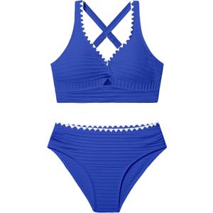 Oranchids Girls Swimsuit Solid Color Textured Bikini Set Contrast Trim Bathing Suit 2 Piece Swimwear Adjustable Straps, 7-8 Years