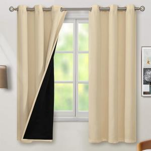 BGment Thermal Insulated 100% Blackout Curtains for Bedroom with Black Liner, Double Layer Full Room Darkening Noise Reducing Grommet Curtain (42 x 63 Inch, Natural, 2 Panels)