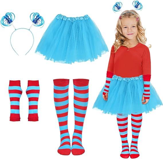 Blue Tutu Skirt, Ponytail Headband, Blue Red Striped Fingerless Gloves, Over Knee High Socks XXL