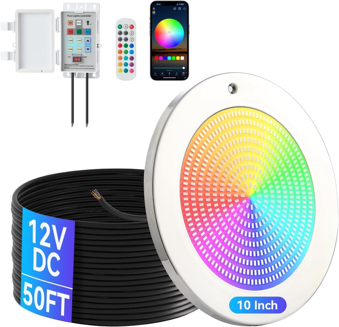 Smart LED Pool Lights for Inground Pool, Wall Mounted, 54W 12V, 10 Inch, 50FT Cord, Remote & App Control, Underwater Swimming Pool Light Fixture for Large Wet Niches
