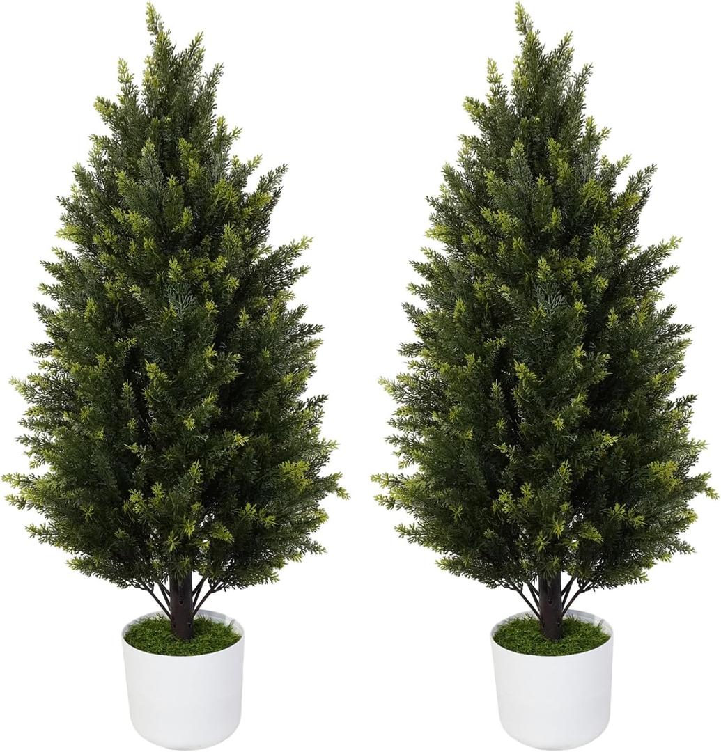 2 Pack 3Ft Artificial Cedar Topiary Trees, Faux Pine Cypress Plants, UV Resistant Fake Cypress Shrubs with Pots, Realistic Evergreen Bushes for Front Porch Indoor Outdoor Garden Decor