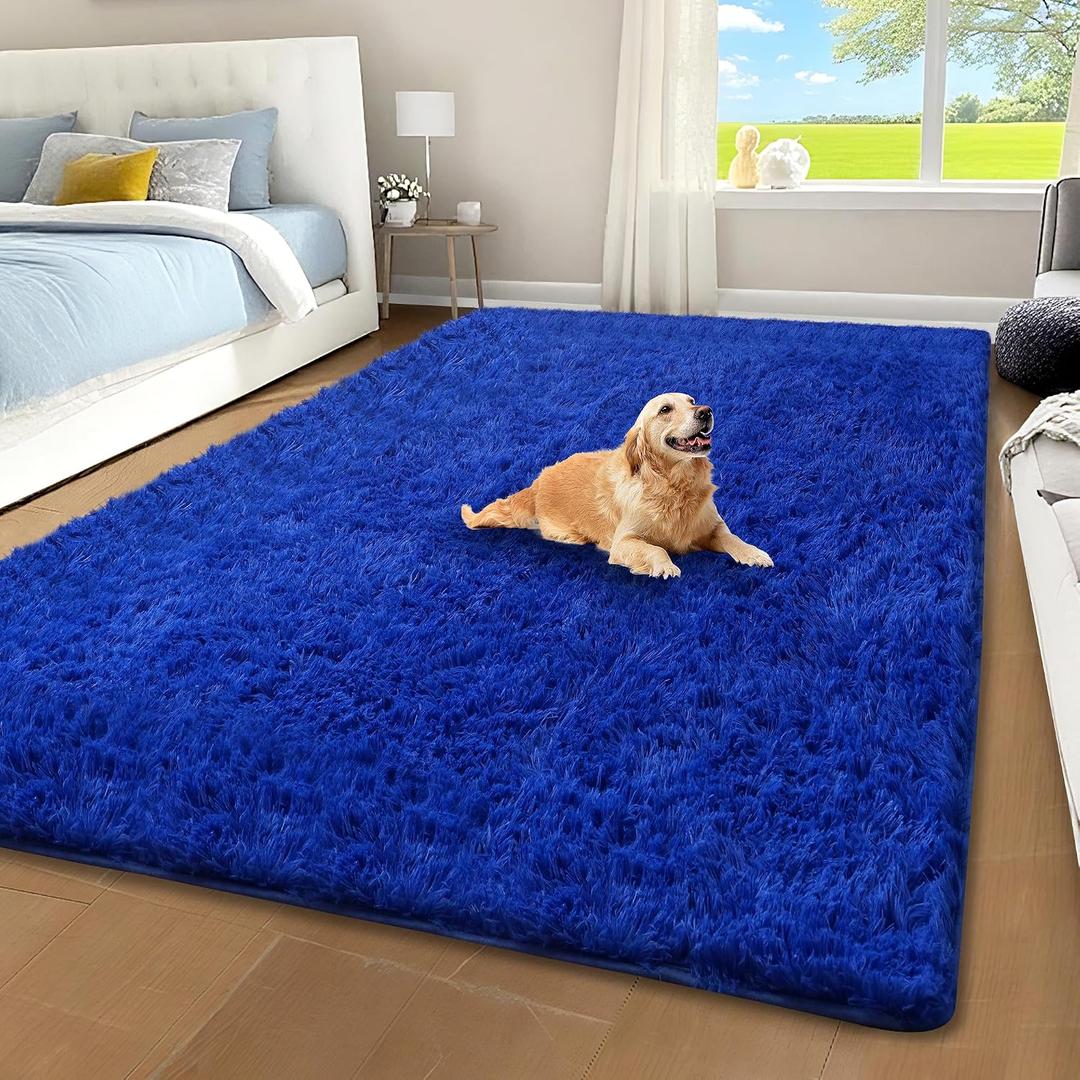 Blue Shag Area Rug for Bedroom, 4x6 Fluffy Shaggy Rugs for Living Room Boys Kids Nursery, Ultra Soft Comfy, Modern Fuzzy Plush Carpet for Girls Teen Dorm Indoor Home Decor, Upgrade Non-Slip