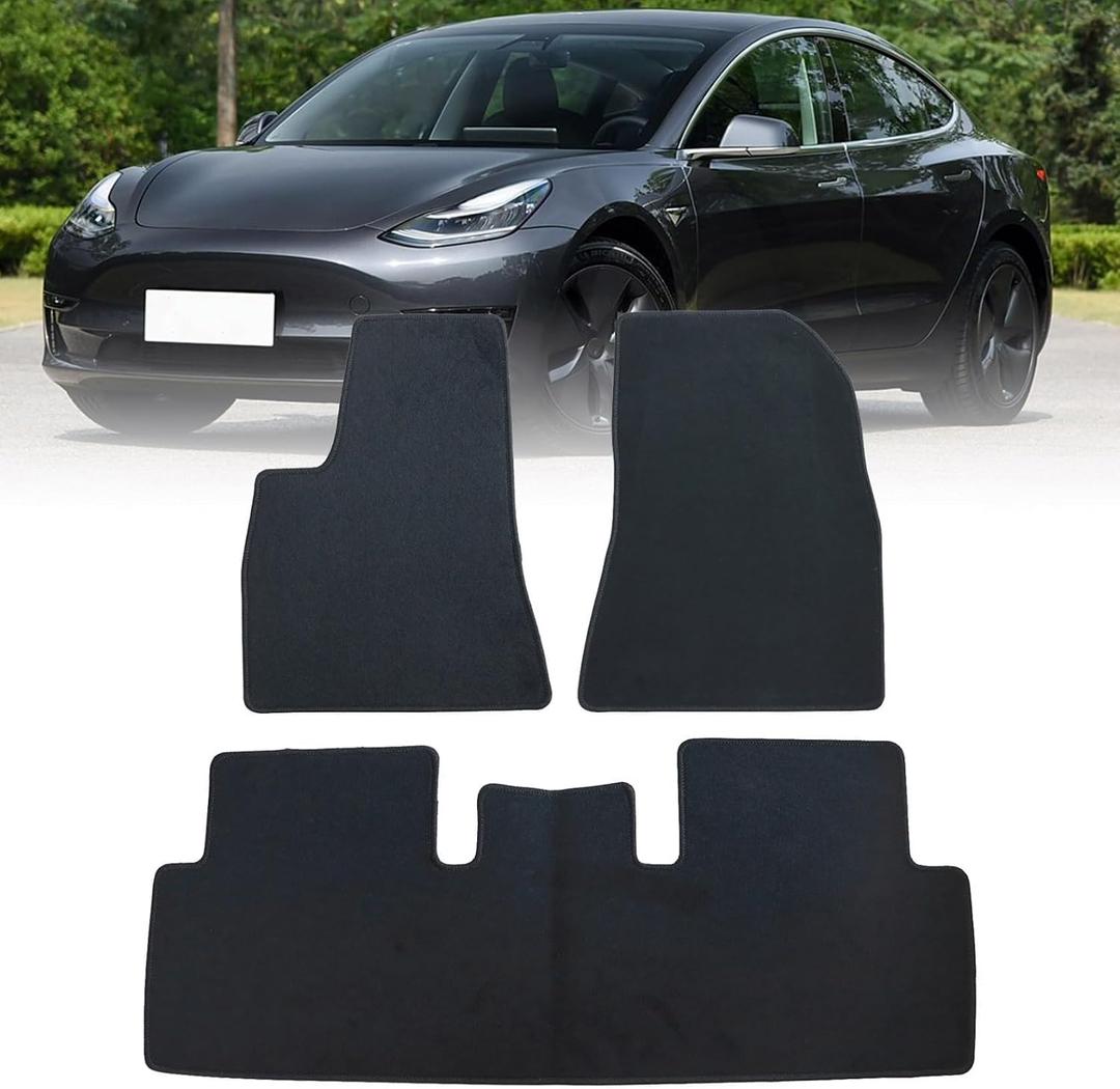 FZJDSD Black 3Pcs Front & Rear Floor Mats Carpet Velour Replacement Compatible with Tesla Model 3 2017 2018 2019 2020 2021 2022 2023