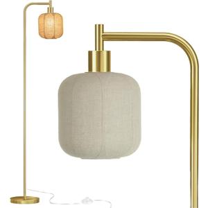 67" Gold Boho Floor Lamp with Rope Woven Shade, Mid Century Modern Tall Standing Lamp for Living Room Bedroom, Over The Couch Reading Light with Foot Pedal, Bulb Included