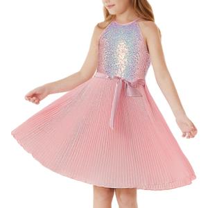 GRACE KARIN Girls Sequin Dress Christmas Party Dance Formal Birthday Fancy Sparkly Halter Chiffon Dresses Size 5-14 (12-14 Years, Fantasy Pink)
