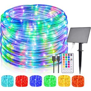 66FT Solar Rope Lights Outdoor Waterproof, 18 Colors Changing 200 LED String Light USB & Solar Powered with Remote, Tube Light Fairy Lighting for Outside Patio Fence Pool Christmas Decor