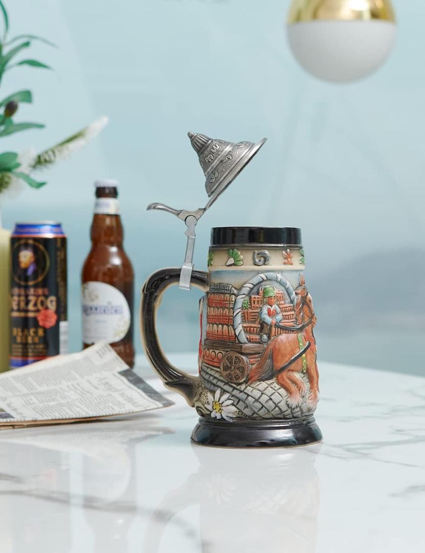 HAUCOZE Beer Stein Mug German Oktoberfest Drinking Stanley Viking Tankard with Petwer Lid for Birthday Gifts Men Father Husband 0.9 Liter