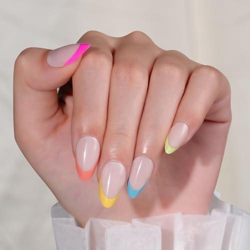 Frinail Colorful French Tip Press On Nails Short Almond,30Pcs Summer Rainbow Soft Gel French Nails Press Ons, Almond Glue On Nails with Nail Glue, Reusable Stick On Nails in 15 Sizes