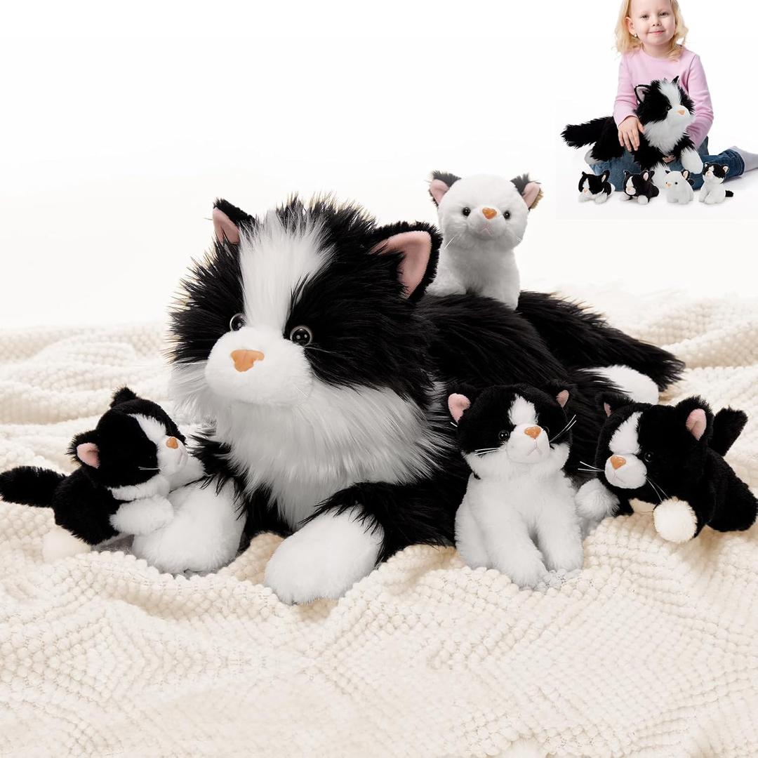 Tezituor 5Pcs Cat Stuffed Animals Set, 20 inch Large Realistic Stuffed Cat with 4 Cute Kittens Baby, Soft Black and White Ragdoll Plush Pillow for Boys Girls