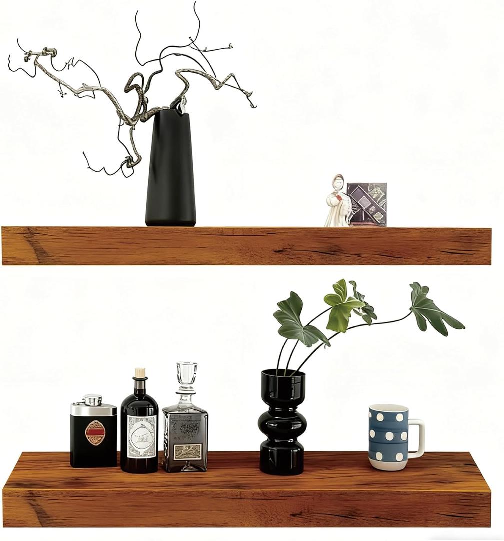 Solid Wood Floating Shelves,31.5in Finished Real Wood Wall Shelves with Heavy-Duty Hidden Bracket, Easy Installation, Set of 2, 31.5in x 7.1in x 1.5in, for Living Room Bedroom Kitchen,Bronze