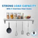 Treshin Stainless Steel Shelf with 4 Hooks 12 x 24 Inches, Commercial Wall Mount Floating Shelving Storage Pot Rack for Restaurant, Kitchen, Home, Bar and Hotel