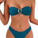 Fanuerg Women's Strapless Bandeau Bikini Sets Ring Tie Back Two Piece Swimsuit High Cut Cheeky Bathing Suits (M)