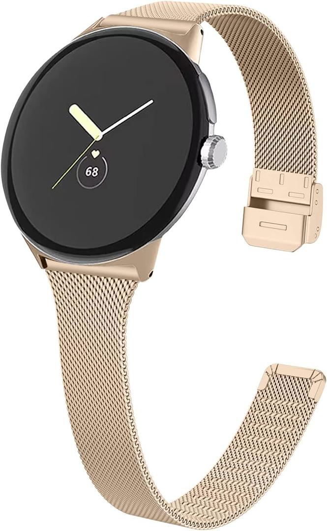 FitTurn Slim Metal Bands for Google Pixel Watch 4 3 41mm/2 1 Band Women Men, Grids Thin Stainless Steel Mesh Loop Snap Clasp Strap Replacement for Pixel Watch 4 3 41mm Fitness & Health Tracker
