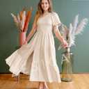 ZESICA Women's Boho Summer One Shoulder Short Sleeve Smocked Side Split Ruffle Swing Midi Dress (Beige, S)