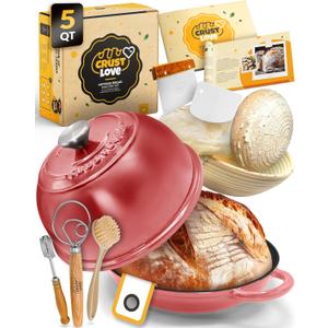 Dutch Oven Bread Baking - 5QT Enamel Bread-Oven - incl Sourdough Bread-Baking Suppliers like Dough Whisk Scoring Lame etc Bread-Dome Cast Iron Bread-Pan with Lid for Sour dough, Bread-making (Pink)